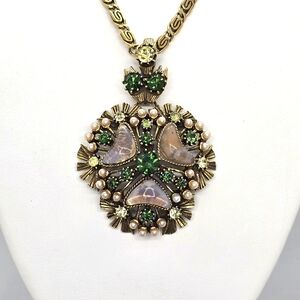 Vintage Florenza Necklace Jeweled Gold Green Rhinestone Pearl Opal Signed